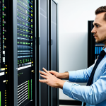 A focused professional IT engineer in a modern, well-lit server room, wearing a modest business casual outfit. The engineer is deeply engrossed in analyzing complex data on multiple large monitors, with code and system logs displayed, demonstrating problem-solving expertise. The posture is natural and attentive, showing perfect anatomy and correct proportions. The overall image conveys a sense of calm competence and professional dedication. well-formed hands, proper finger count, natural body proportions, safe for work, appropriate content, fully clothed, professional, high quality professional photography, ultra detailed.