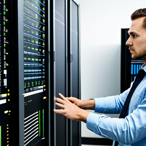 A focused professional IT engineer in a modern, well-lit server room, wearing a modest business casual outfit. The engineer is deeply engrossed in analyzing complex data on multiple large monitors, with code and system logs displayed, demonstrating problem-solving expertise. The posture is natural and attentive, showing perfect anatomy and correct proportions. The overall image conveys a sense of calm competence and professional dedication. well-formed hands, proper finger count, natural body proportions, safe for work, appropriate content, fully clothed, professional, high quality professional photography, ultra detailed.