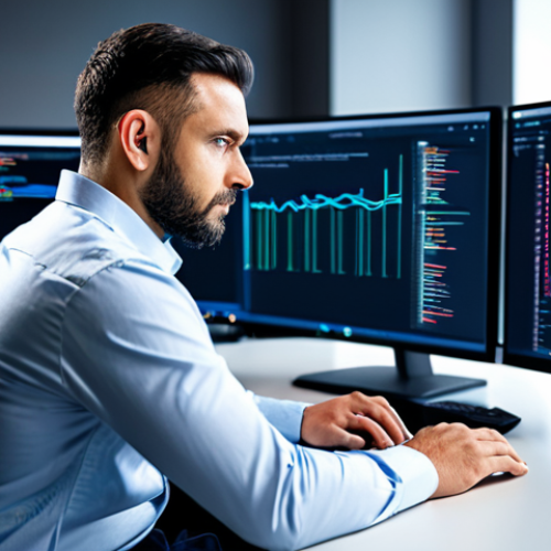 A professional male DevOps engineer, mid-30s, wearing a modest business casual shirt and trousers, seated at a sleek modern desk. He is intently focused on a laptop screen displaying lines of code. The background features blurred server racks and abstract digital representations of data flow and automation tools, emphasizing efficiency and control. Fully clothed, appropriate attire, safe for work, professional, perfect anatomy, correct proportions, natural pose, well-formed hands, proper finger count, natural body proportions, high-quality photograph, realistic lighting.