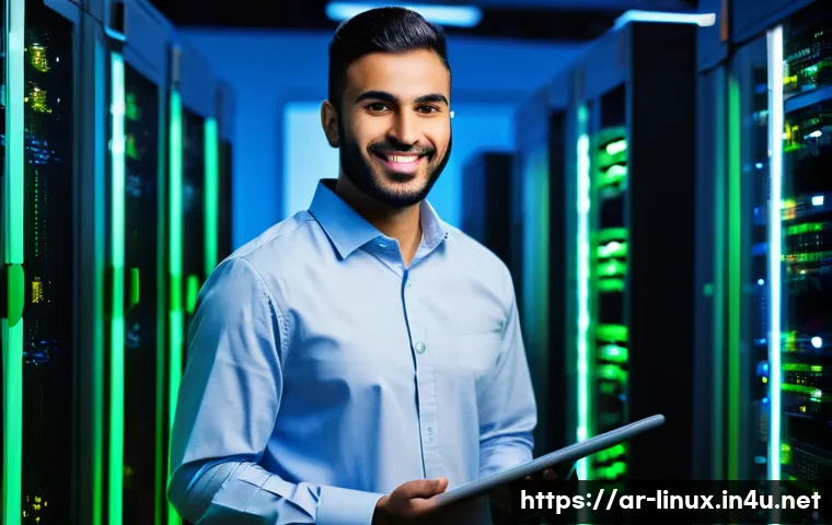 리눅스 자격증 취득 후 대기업 취업 성공 후기 - **Prompt:** A confident Arab male system administrator in his late 20s, wearing a smart casual butto...