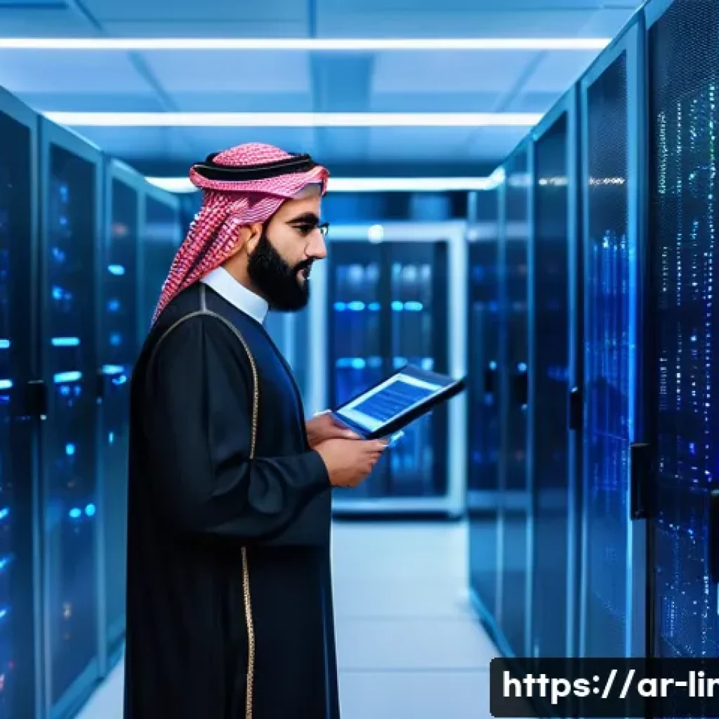 리눅스 실무와 클라우드 서버 관리 기술 - A detailed scene of a professional Middle Eastern IT technician in traditional attire working on a L...