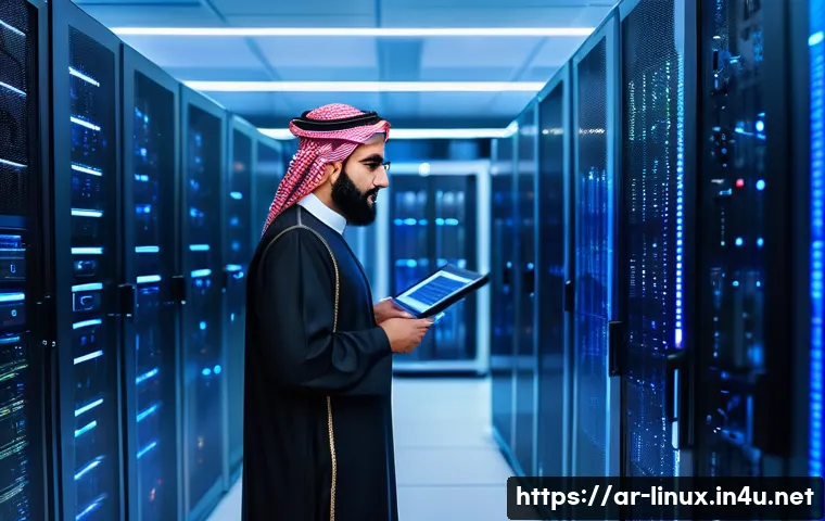 리눅스 실무와 클라우드 서버 관리 기술 - A detailed scene of a professional Middle Eastern IT technician in traditional attire working on a L...