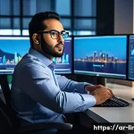 Home 21 리눅스 자격증을 활용한 해외 취업 성공 사례 - A professional Arab man in his early 30s wearing business casual attire and glasses, sitting confide...