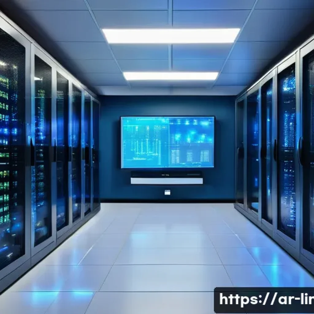리눅스 실무와 AI 서버 관리 기술의 융합 사례 - A modern Linux server room with sleek racks of servers illuminated by soft blue LED lights, showcasi...