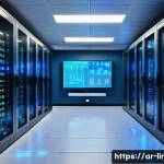 리눅스 실무와 AI 서버 관리 기술의 융합 사례 - A modern Linux server room with sleek racks of servers illuminated by soft blue LED lights, showcasi...