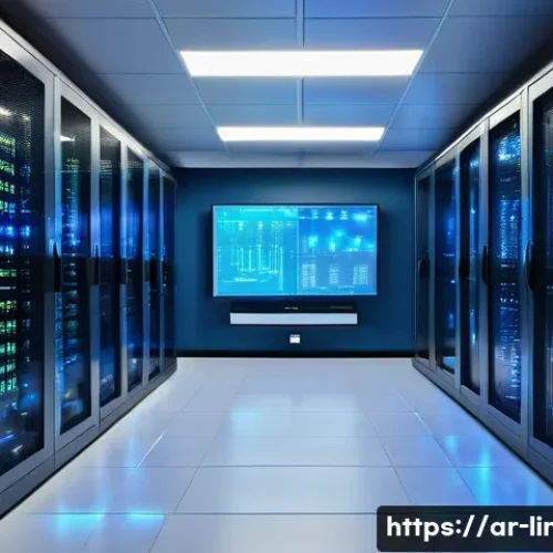 리눅스 실무와 AI 서버 관리 기술의 융합 사례 - A modern Linux server room with sleek racks of servers illuminated by soft blue LED lights, showcasi...