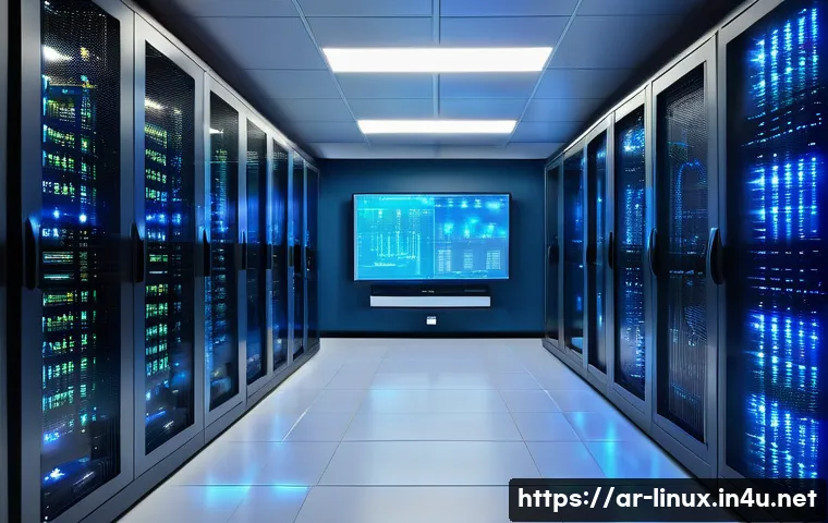 리눅스 실무와 AI 서버 관리 기술의 융합 사례 - A modern Linux server room with sleek racks of servers illuminated by soft blue LED lights, showcasi...