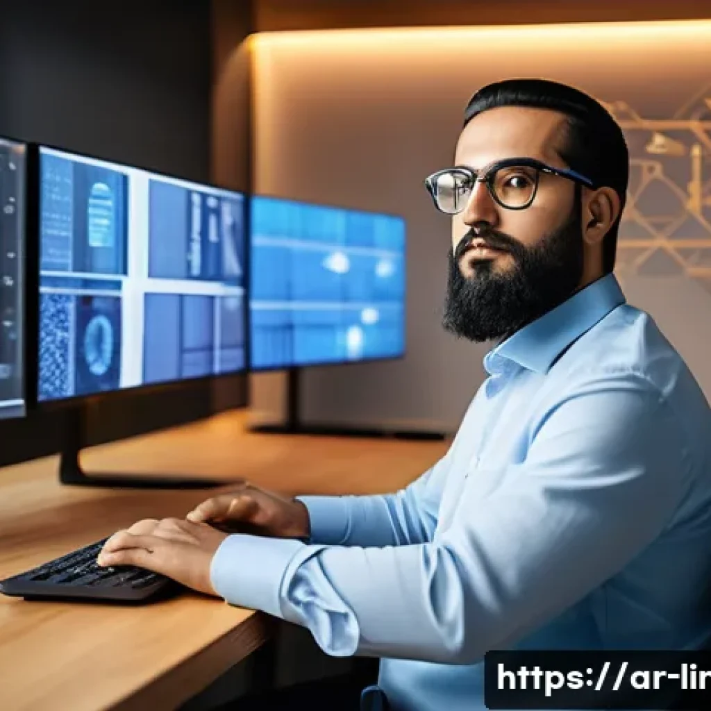 리눅스와 AWS 클라우드 자격증의 비교 및 연계성 - A professional Middle Eastern man sitting at a modern workspace with multiple monitors displaying Li...
