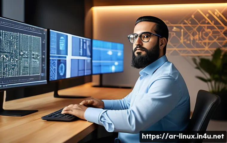 리눅스와 AWS 클라우드 자격증의 비교 및 연계성 - A professional Middle Eastern man sitting at a modern workspace with multiple monitors displaying Li...