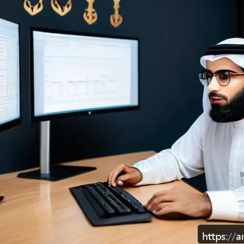 리눅스 실기 시험에서 출제된 최신 문제 유형 - A detailed, realistic scene of a Middle Eastern professional workspace with an Arab man in his 30s w...