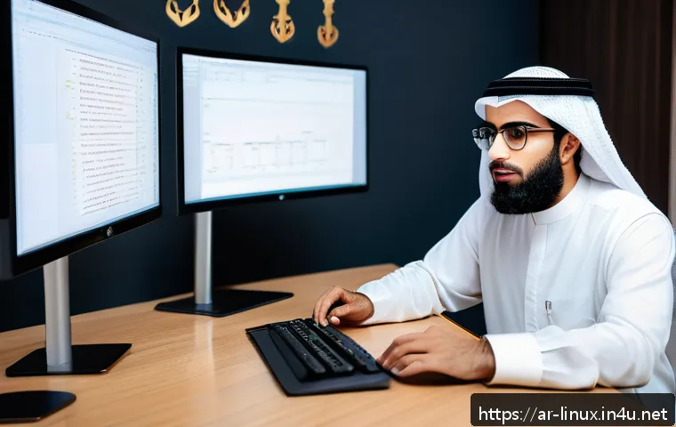 리눅스 실기 시험에서 출제된 최신 문제 유형 - A detailed, realistic scene of a Middle Eastern professional workspace with an Arab man in his 30s w...