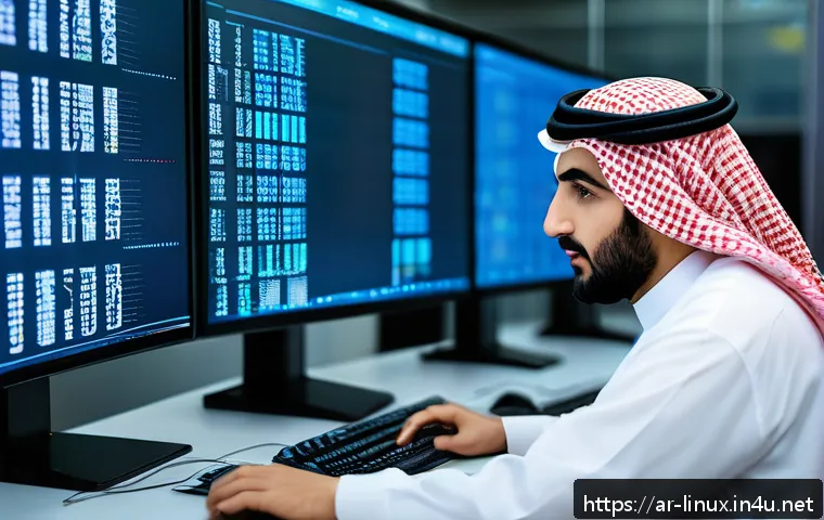 리눅스 실무에서 경험한 서버 장애 처리 사례 - A detailed, realistic Linux server room environment showing a system administrator of Middle Eastern...